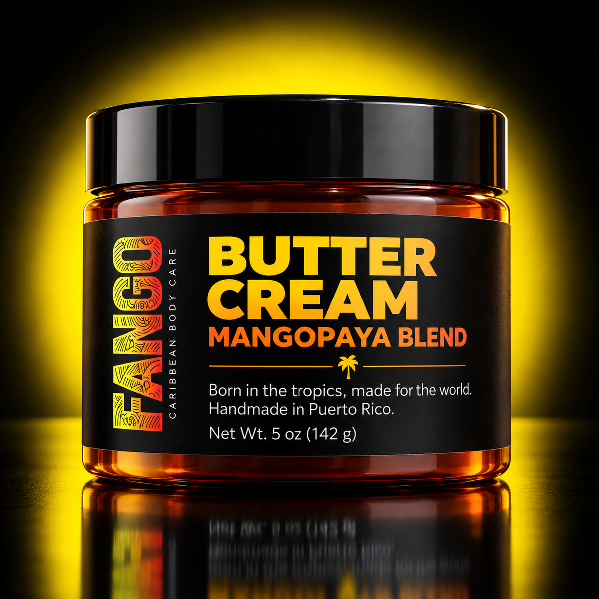 FANGO Butter Cream Mangopaya Blend jar, 5 oz (142 g), amber jar with black lid and black label with orange lettering, on a dark background with a yellow glow